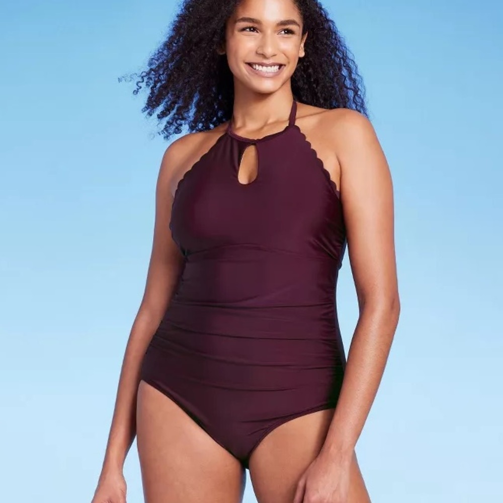 💥 Kona Sol Purple Scallop High Neck One Piece Swimsuit